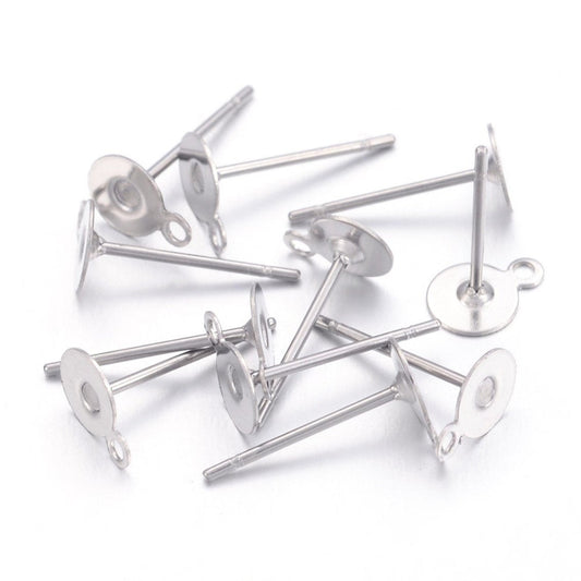 E787 - 100 pcs. (50 pairs) 304 Stainless Steel Earring Posts/Bases/Studs/Settings with loop - 5mm Pad - 7mm with Loop - 12mm length - with Backs!