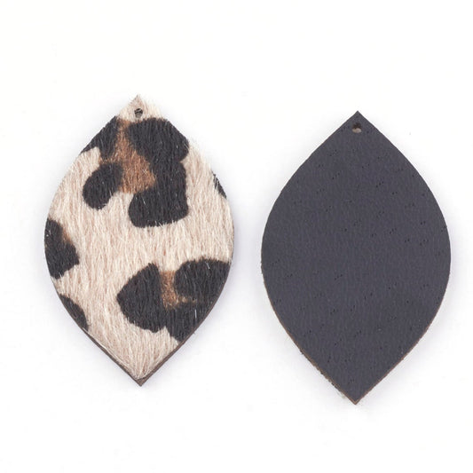 P2042 - 10 pcs. Beige Leopard Faux Fur Leather Dangle Charms Pendants - Leaf - 43mm (1.7") - Great for Light Earrings or Dangles! Black Back
