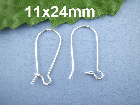 E306 - 250 pcs (125 Pairs) Silver Plated Kidney Earwire Earring Hooks -24mm x 11mm - MEDIUM