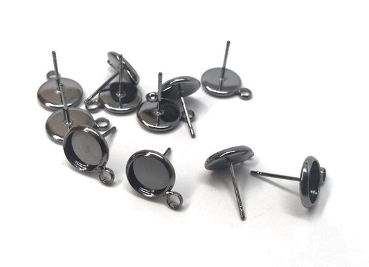 E590 - 10 pcs. Gunmetal Earring Posts Studs Settings Bezels Cabochons Tacks with Loop - 8mm Glue Pad Setting