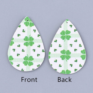 P2052 - 10 pcs. Green and White Faux Leather Dangle Charms Pendants - Teardrop - St. Patrick's Day - 56mm (2.2") - Double-Sided - Style A - Clover