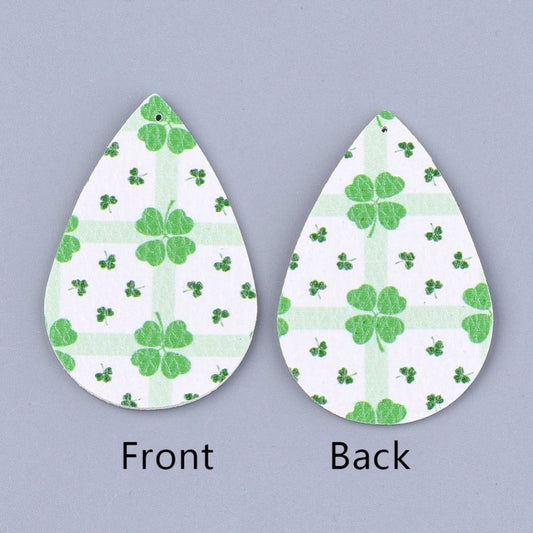 P2052 - 10 pcs. Green and White Faux Leather Dangle Charms Pendants - Teardrop - St. Patrick's Day - 56mm (2.2") - Double-Sided - Style A - Clover