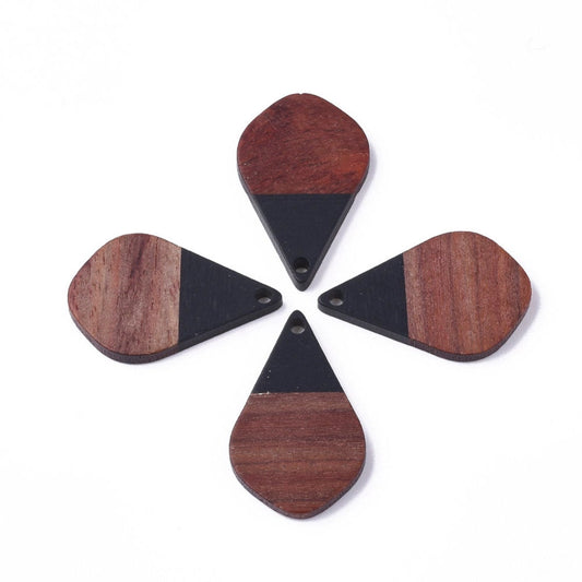 P1024 - 4 pcs. Black Resin and Wood Teardrop Flat Pendant - 28mm x 18mm - (1.1" x 0.71") - SMALL - Great for Earrings and Necklaces!