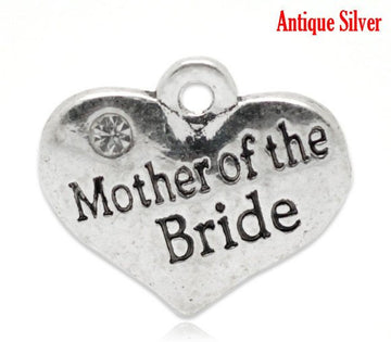 P066 - 10 pcs. Antique Silver "Mother of the Bride" charm with rhinestone- 16mm X 14mm