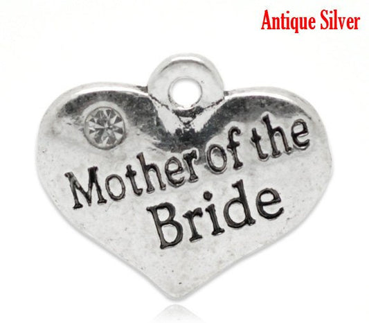 P066 - 10 pcs. Antique Silver "Mother of the Bride" charm with rhinestone- 16mm X 14mm