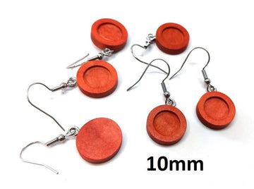 E551 - 10 pcs. Stainless Steel Silver Tone Earring Dangle Hooks Settings Bezels Cabochons - 10mm Glue Pad Setting - Wood Trays - Cherry