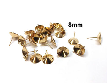 E593 - 10 pcs. (5 pairs) 304 Stainless Steel Earring Cone Posts Studs with Parallel Loop - Golden - For 8mm Pointed Back Rhinestones - Hole: 1mm