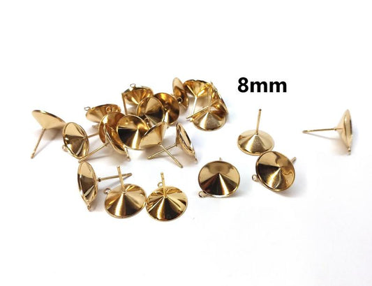 E593 - 10 pcs. (5 pairs) 304 Stainless Steel Earring Cone Posts Studs with Parallel Loop - Golden - For 8mm Pointed Back Rhinestones - Hole: 1mm