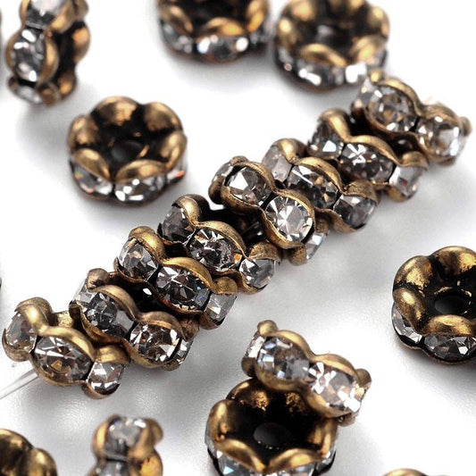 BD183 - 20 pcs Antique Bronze Clear Rhinestone Rondelle Spacer Beads - 6mm x 3mm - Grade AAA - Hole Size: 1mm - Curved Edge - Wavy Edge