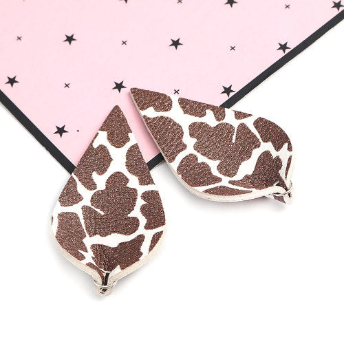 P235 - 10 pcs. Cow Faux Leather Dangle Charms Pendants - Pinch Leaf - White Brown - Silver Tone Jump Ring - 62mm (2.5") - Double Sided