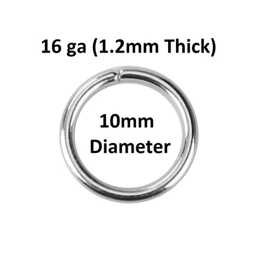 J114 - 100 pcs Silver Tone Open Jump Rings - 10mm - 16 Gauge (1.2mm Thick)