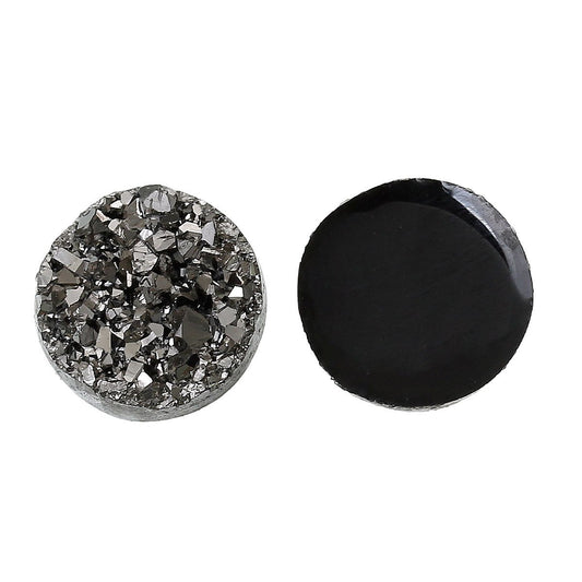 CA143 - 10 pcs Druzy Resin Embellishment Cabochons Dark Grey Gray Silver Gunmetal AB - 12mm Diameter - Circle - 3.6mm Thick