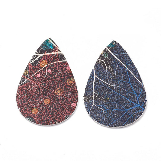 P247 - 10 pcs Assortment of Nature Leaf Multicolor Faux Leather Dangle Charms Pendants - Teardrop - 55mm (2.17") - Great for Earrings! Double Sided