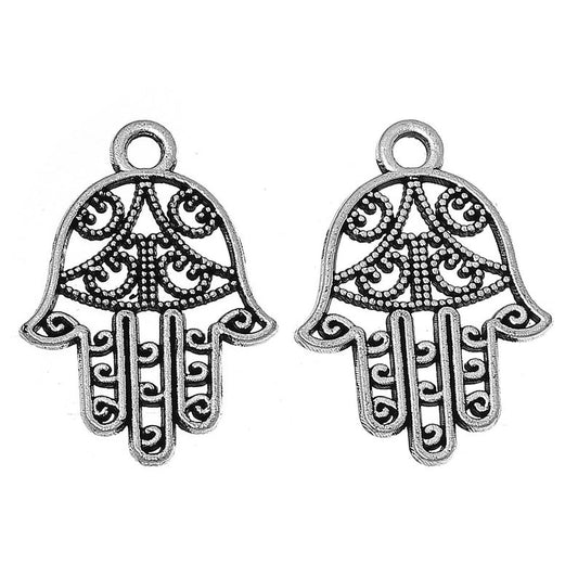 P125A - 25 pcs. Antique Silver Hamsa Hand Symbol Charms Pendants - 21mm x 15mm