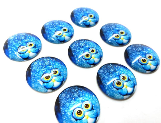 CA1006 - 5 pcs Circle Owl Glass Round Dome Seals Tiles Cabochons - 25mm (1 inch) - Blue
