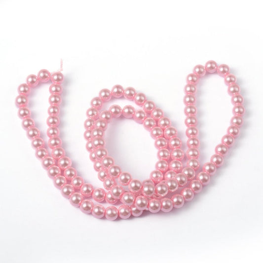 BD744 - 8mm Pink Blush Glass Pearl Imitation Round Beads - 32 inch strand - Hole Size: 1mm - Approx. 110 beads per strand