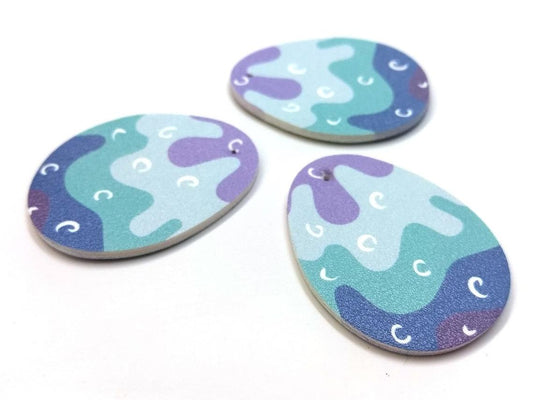 P2069 - 6 pcs. Purple and Blue Faux Leather Dangle Charms Pendants - Egg Teardrop - Easter - 51mm (2") - Double-Sided - Waves