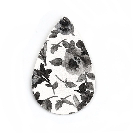 P1068 - 10 pcs. White and Gray Floral Faux Leather Dangle Charms Pendants - Teardrop - 56mm (2.2") - Double Sided - Great for Earrings, Necklaces or Dangles!