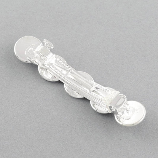 H042A - 2 pcs Silver Plated French Hair Barrettes Hair Clips - 71mm x 14mm - 12mm Glue Pad - LARGE - 5 Bezels