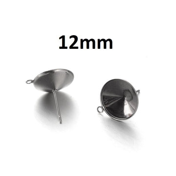 E565 - 10 pcs. (5 pairs) 304 Stainless Steel Earring Cone Posts Studs with Parallel Loop - Silver - For 12mm Pointed Back Rhinestones - Hole: 1mm