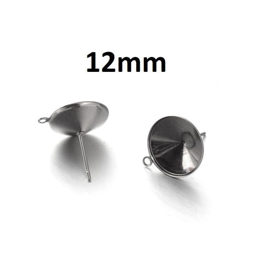 E565 - 10 pcs. (5 pairs) 304 Stainless Steel Earring Cone Posts Studs with Parallel Loop - Silver - For 12mm Pointed Back Rhinestones - Hole: 1mm