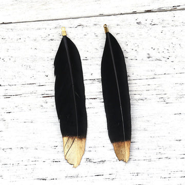 P937 - 10 pcs Black and Gold Dangle Charms Pendants - Feather - Gold Plated Crimps - 80mm (3.15") - Great for Light Earrings, Necklaces or Dangles