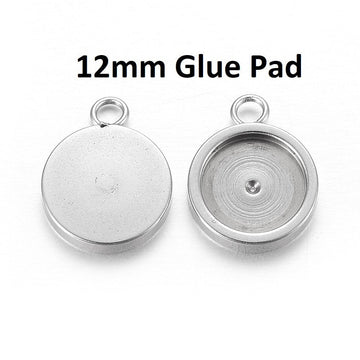 P1176 - 10 pcs. 304 Stainless Steel Silver Tone Circle Round Bezel Cabochon Pendant Tags Trays - 12mm Glue Pad - Single Loop - Single Sided