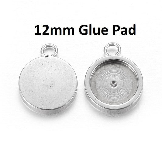 P1176 - 10 pcs. 304 Stainless Steel Silver Tone Circle Round Bezel Cabochon Pendant Tags Trays - 12mm Glue Pad - Single Loop - Single Sided