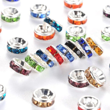BD767 - 20 pcs Variety Pack Silver Plated Clear Rhinestone Rondelle Spacer Beads - 6mm x 3mm - Grade A - Hole Size: 1mm - Straight Edge - Assortment