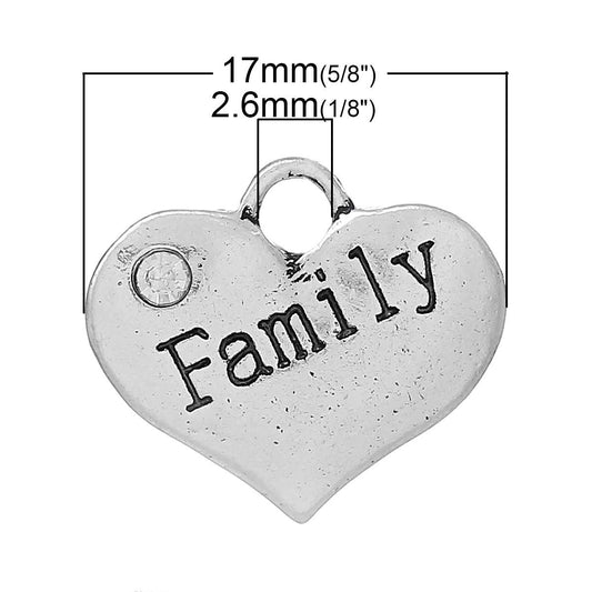 P043 - 10 pcs. Antique Silver "Family" charm with rhinestone - 17mm X 14mm