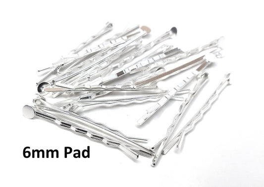 H100 - 20 pcs. Silver Plated Bobby Pins - 6mm Glue Pad - Ripple Pattern - 56mm x 6mm