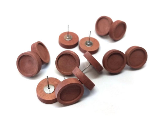E752 - 10 pcs. Stainless Steel Earring Posts Studs Settings Cabochons Tacks - 12mm Glue Pad Setting - Silver - Wood Bezel - Brown - Thin Frame