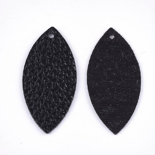 P2032 - 10 pcs. Black Faux Leather Dangle Charms Pendants - Marquise - 40mm (1.6") - Great for Light Earrings or Dangles! Black Fabric Back