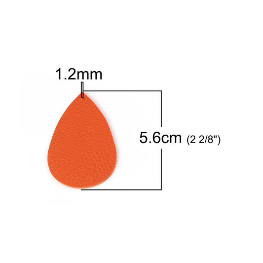 P599 - 10 pcs. Orange Faux Leather Dangle Charms Pendants - Teardrop - 56mm (2.2") - Great for Light Earrings or Dangles! Double-Sided