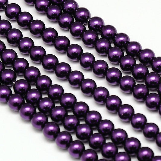 BD728 - 8mm Eggplant Dark Purple Glass Pearl Imitation Round Beads - 15 inch strand - Approx 50-52 pieces - Hole Size: 0.7mm - Environmentally Dyed!