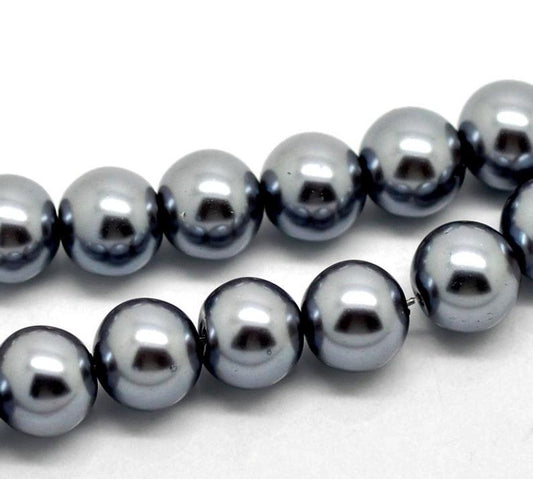 BD627 - 10mm Dark Silver Grey Gray Charcoal Glass Pearl Imitation Round Beads - 16 inch strand - Approx. 40-42 beads per strand