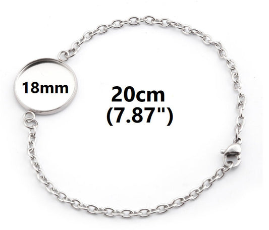 B098 - 3 pcs. 304 Stainless Steel Silver Tone Chain Bracelets - 7.87" (20cm) - 18mm Bezel - Tarnish Resistant!