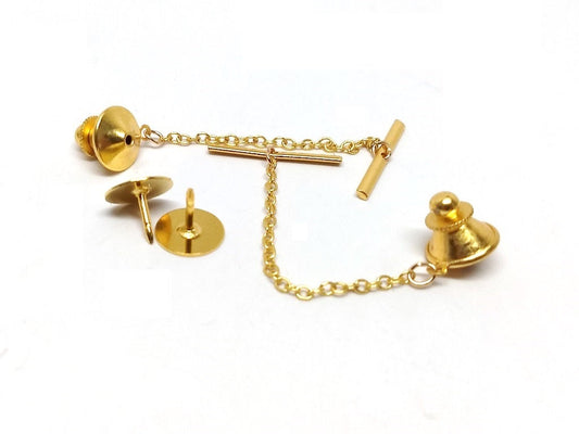 TC041 - 1 Set - Gold Tone Tie Tack (Spring Loaded Clutch and Chain) - 20mm Bar - 50mm Chain - 11mm Clutch