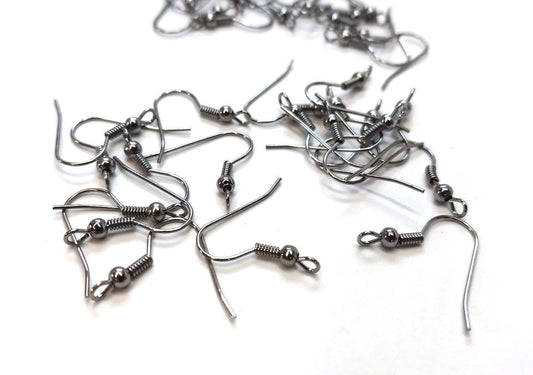 E516 - 100 pcs Gunmetal Black Earring Hooks with Spring and Ball - 21mm x 20mm - Perpendicular Loop