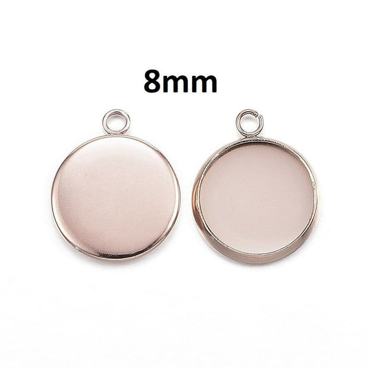 P727 - 10 pcs. 304 Stainless Steel Rose Gold Plated Circle Round Bezel Cabochon Pendant Tags Trays - 8mm Glue Pad - Single Loop - Hypoallergenic