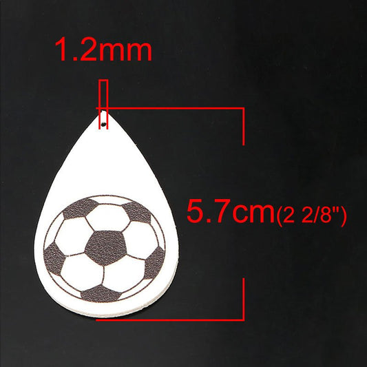 P213 - 10 pcs. Black and White Soccer Football Futbol Ball Faux Leather Dangle Charms Pendants - Teardrop - Sports - 57mm (2.25") - Double-Sided