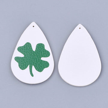P2053 - 10 pcs. Green and White Faux Leather Dangle Charms Pendants - Teardrop - St. Patrick's Day - 56mm (2.2") - Double-Sided - Style D - Clover