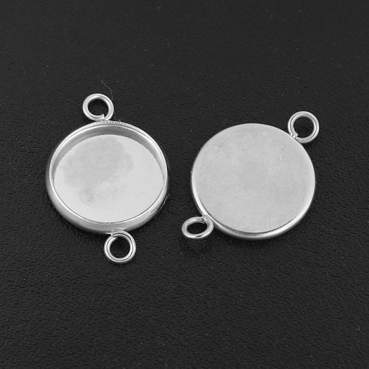 P465 - 10 pcs. Silver Tone Circle Round Bezel Cabochon Cameo Connector Tags Trays - 12mm Glue Pad - High Quality!