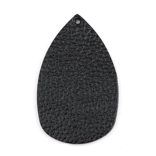 P1036 - 10 pcs. Black Faux Leather Dangle Charms Pendants - Plump Teardrop - 58mm (2.3") - Great for Light Earrings! Double-Sided