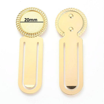 BM004 - 5 pcs. - Golden Bookmarks with Bezel - Great to use with 20mm Cabochons - 70mm (2.76") length - 27mm (1.06" width) - 20mm Glue Pad