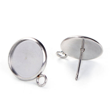 E118 - 10 pcs. 304 Stainless Steel Silver Earring Posts Studs Settings Bezels Cabochons Tacks with Loop - 12mm Glue Pad Setting - Parallel Loop