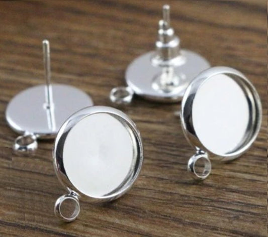E130 - 10 pcs. Silver Plated Earring Posts Studs Settings Bezels Cabochons Tacks with Loop - 12mm Glue Pad Setting