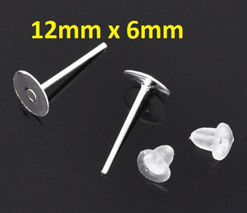 E180 - 800 pieces (400 pairs) Silver Plated Earring Posts/Bases/Studs/Settings with Rubber Backs - 12mm x 6mm