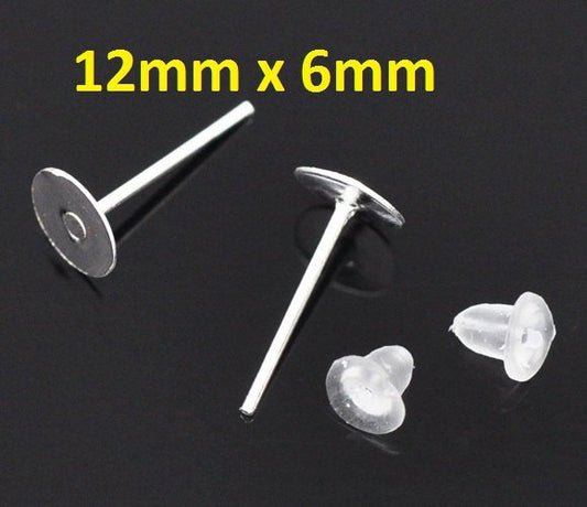 E180 - 800 pieces (400 pairs) Silver Plated Earring Posts/Bases/Studs/Settings with Rubber Backs - 12mm x 6mm
