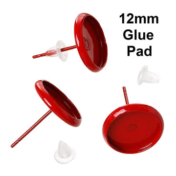 E185 - 50 pcs. Red Earring Posts Studs Settings Bezels Cabochons Tacks- 12mm Glue Pad Setting